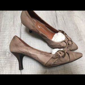 Jeffrey Campbell taupe cross buckle pumps